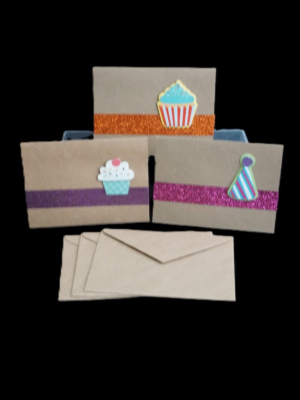 Set of 3 Kraft Happy Birthday 3D Embellishment Glitter Ribbon Greeting Cards